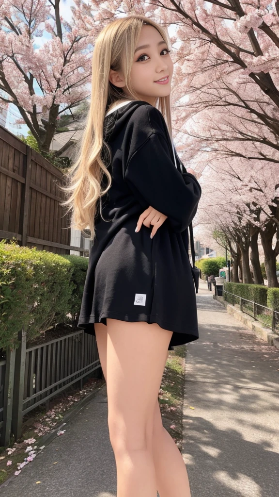 (Raw photo,realistic, Photoreal: 1.4, masterpiece, highest quality), 8K, 1 Beautiful Japan Woman, alone, 20-year-old, cute smile, Fairly medium-sized breasts, Beautifully detailed round eyes, Droopy Eyes 1.4, long blonde hair, wavy hair, (Highly detailed face and skin texture), black skin, Nji, full body,whole body,Random girly attractive poses,Oversized pink hoodie,black super mini skirt,Cherry blossom trees,garden,