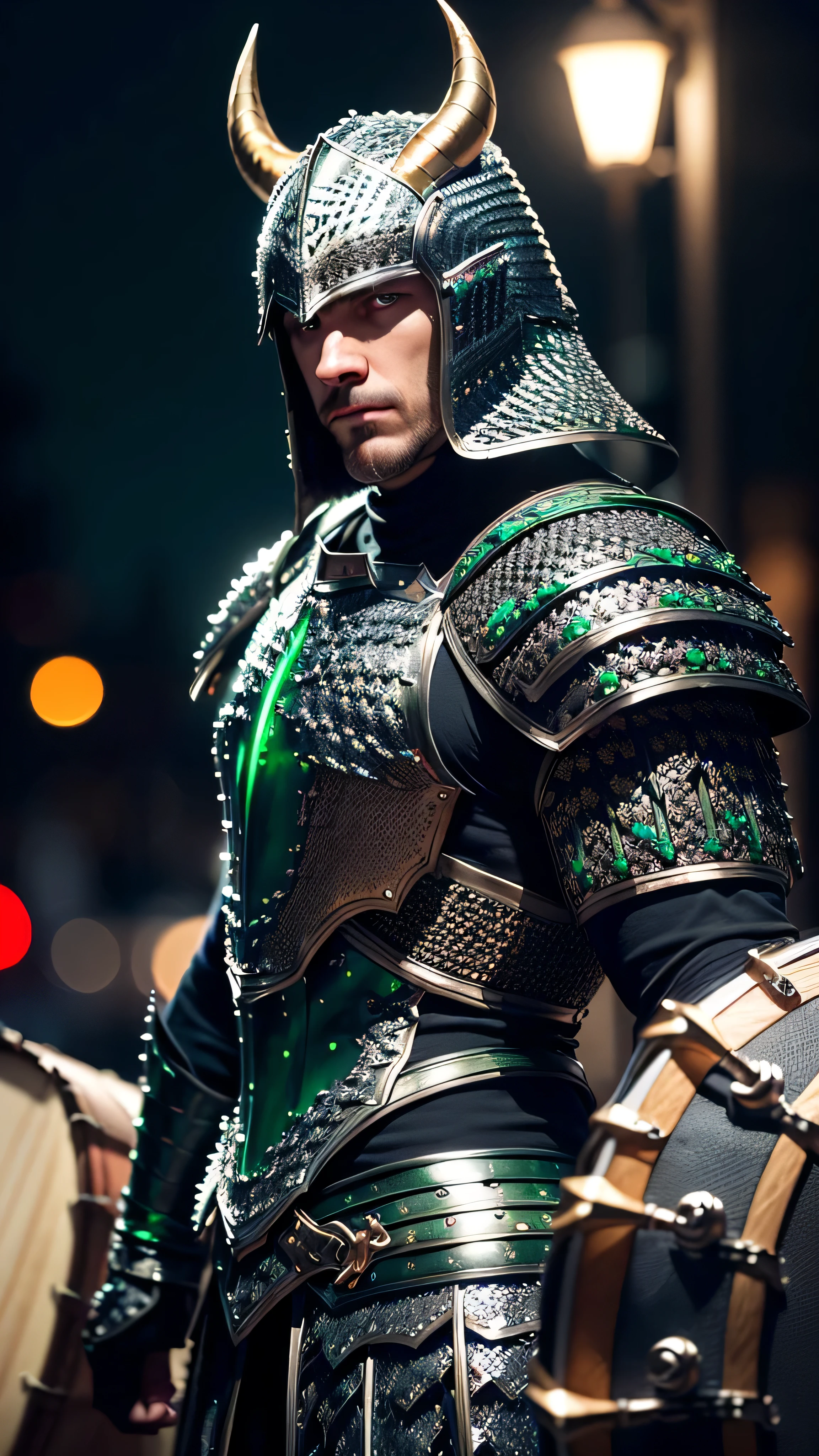 (masterpiece), (extremely intricate:1.3), (realistic), muscular masculine man ,(handsome, demon skin, Static hair, ((titanium horns, serious, drum, ((night, dark, black green scalemail breastplate, metal gauntlets))))), metal reflections, upper body, outdoors, professional photograph, detailed, sharp focus, dramatic, award winning, cinematic lighting, volumetrics dtx, (film grain, blurry background, blurry foreground, bokeh, depth of field, interaction), 8K