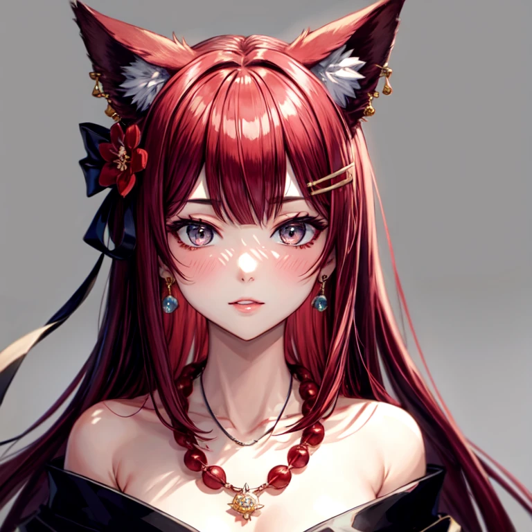 face focus, elegant, masterpiece, best quality, 1girl, solo, jewelry, dark red hair, red flower hair ornament, hairclip, looking at viewer, portrait, long hair, old japanese background, blush, bangs, signature, necklace, virtual youtuber, bare shoulders, collarbone, grey eyes, hair ribbon, fox tails, fox ears, flower earrings, royal shrine clothes