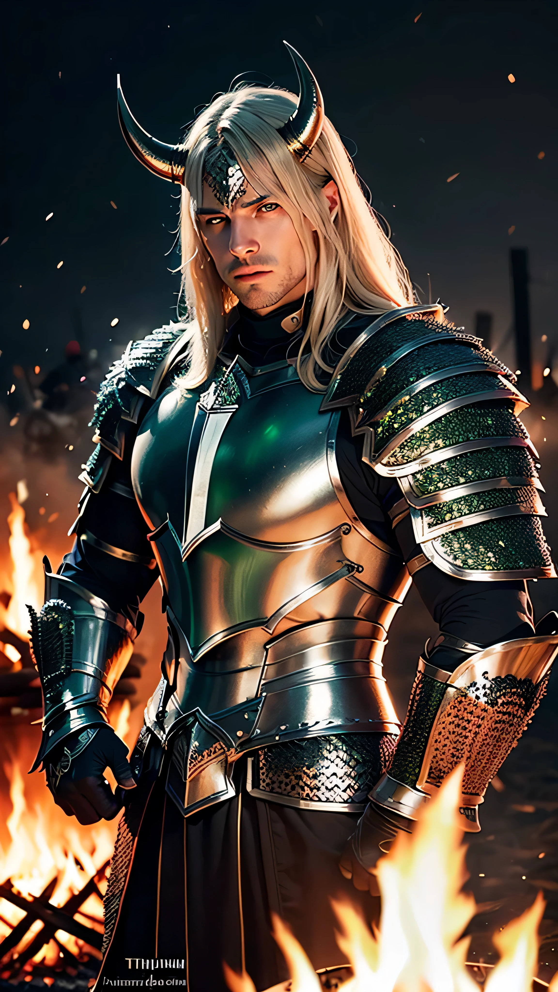 (masterpiece), (extremely intricate:1.3), (realistic), muscular masculine man ,(handsome, demon skin, Static hair, ((titanium horns, serious, bonfire, ((night, dark, black green scalemail breastplate, metal gauntlets))))), metal reflections, upper body, outdoors, professional photograph, detailed, sharp focus, dramatic, award winning, cinematic lighting, volumetrics dtx, (film grain, blurry background, blurry foreground, bokeh, depth of field, interaction), 8K