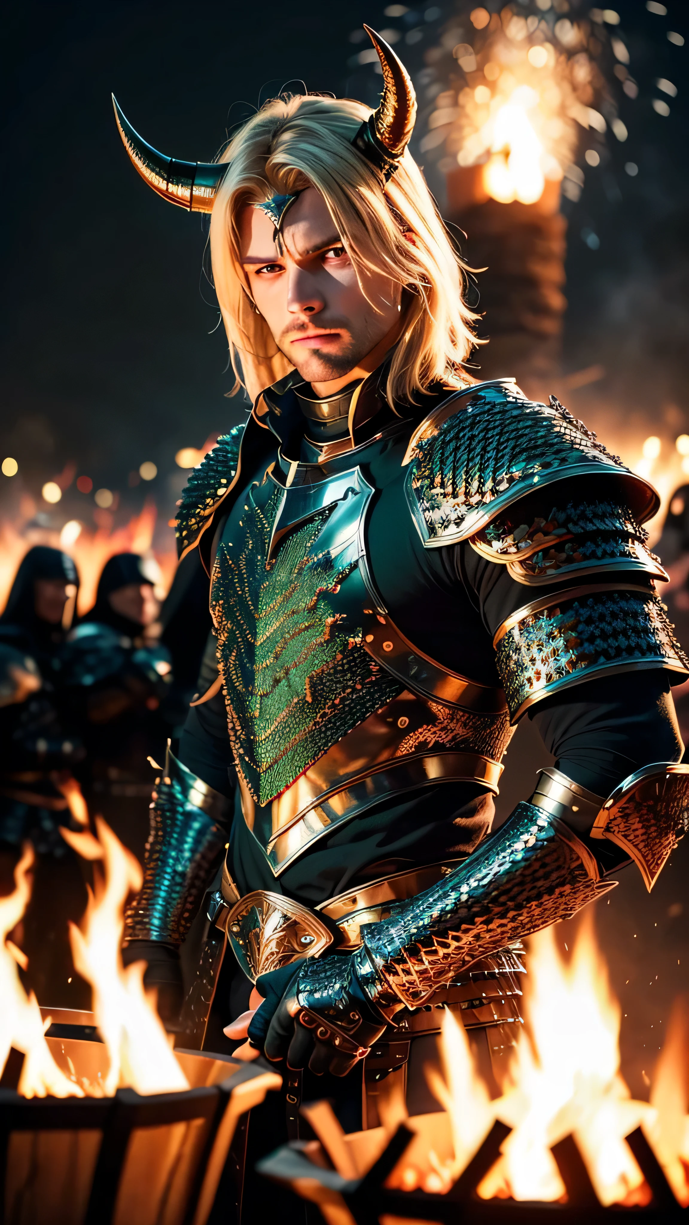 (masterpiece), (extremely intricate:1.3), (realistic), muscular masculine man ,(handsome, demon skin, Static hair, ((titanium horns, serious, bonfire, ((night, dark, black green scalemail breastplate, metal gauntlets))))), metal reflections, upper body, outdoors, professional photograph, detailed, sharp focus, dramatic, award winning, cinematic lighting, volumetrics dtx, (film grain, blurry background, blurry foreground, bokeh, depth of field, interaction), 8K