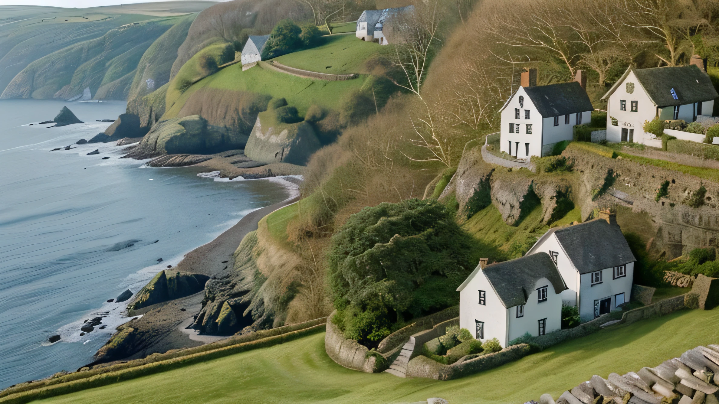 cluster of small english farm houses, steep rocky hillside, ocean in background, sunshine and shadows