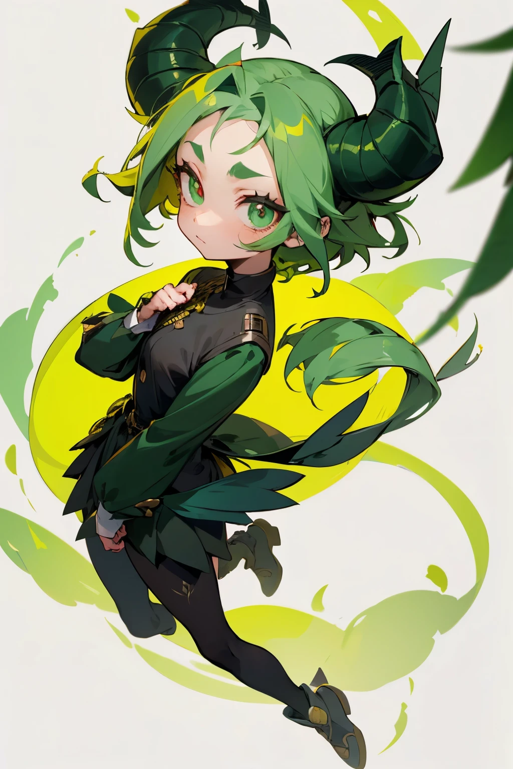 girl, full body, cartoon style, chibi style, cute, bird wing, bird foot, Demon horns from the forehead, devil, beautiful face, green color eye, beautiful eye, high detailed pupil, double eyeylid, high detailed skin, high quality skin, green color hair, black clothes, masterpiece,