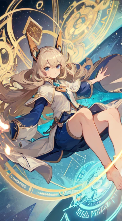 32 year old female ,Beige long hair, blue eyes, Thin, Big  , headgear, Western style light priest clothing, barefoot, magic circle, Make it like tarot anime style but without the frame, penetrating eyes , Time Goddess, time energy, Time Flux, blue energy, blue particles