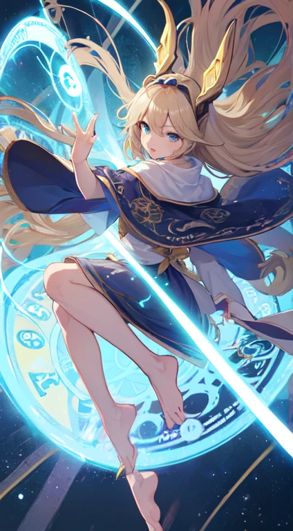 32 year old female ,Beige long hair, blue eyes, Thin, Big , headgear, Western style light priest clothing, barefoot, magic circle, Make it like tarot anime style but without the frame, penetrating eyes , Time Goddess, time energy, Time Flux, blue energy, blue particles
