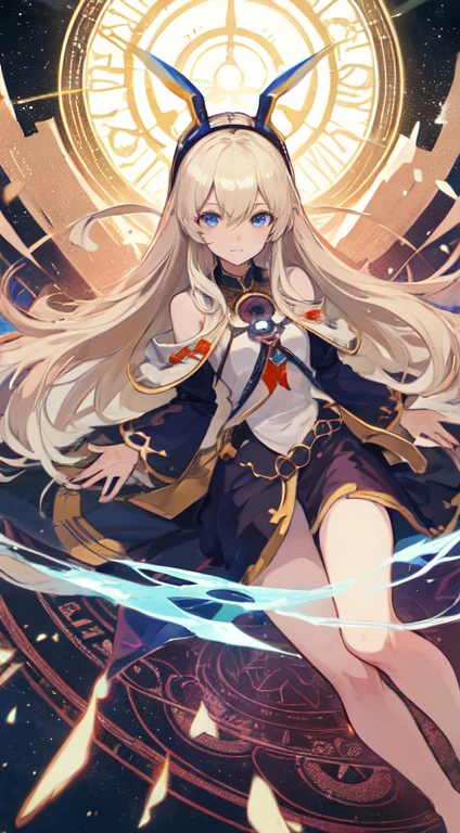 32 year old female ,Beige long hair, blue eyes, Thin, Big , headgear, Western style light priest clothing, barefoot, magic circle, Make it like tarot anime style but without the frame, penetrating eyes , Time Goddess, time energy, Time Flux, blue energy, blue particles
