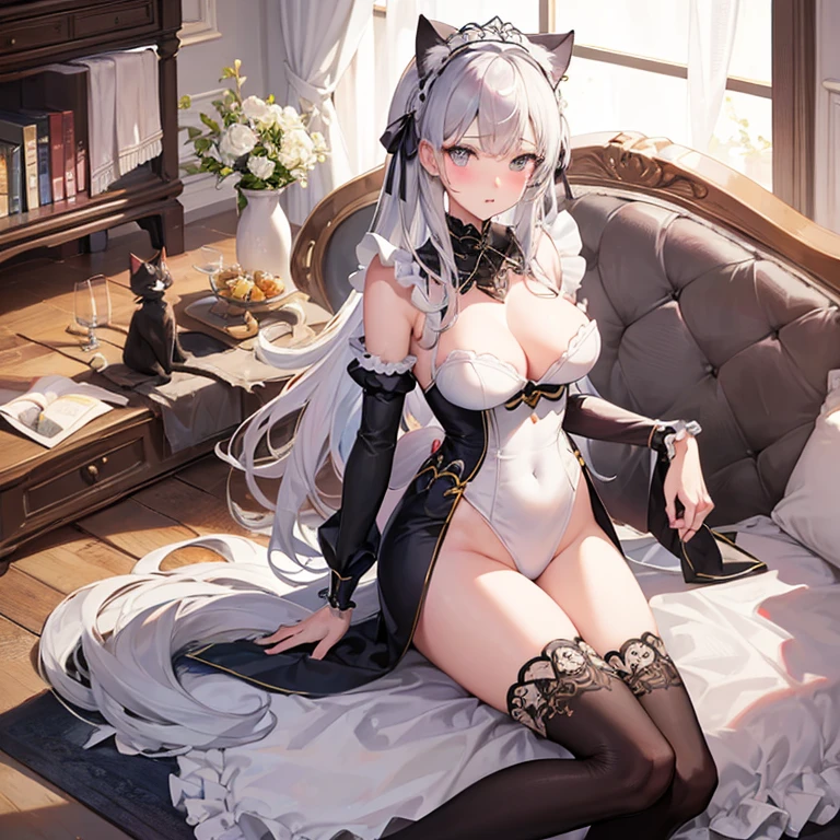Absolutely beautiful cat lady, perfect slim body, mature royal sister, gray hair, royal sister face, maid outfit, sexy and alluring, beautiful face, bust, 4K picture quality, big body, feminine expression, blush shy, large bust, deep eyes, half naked
