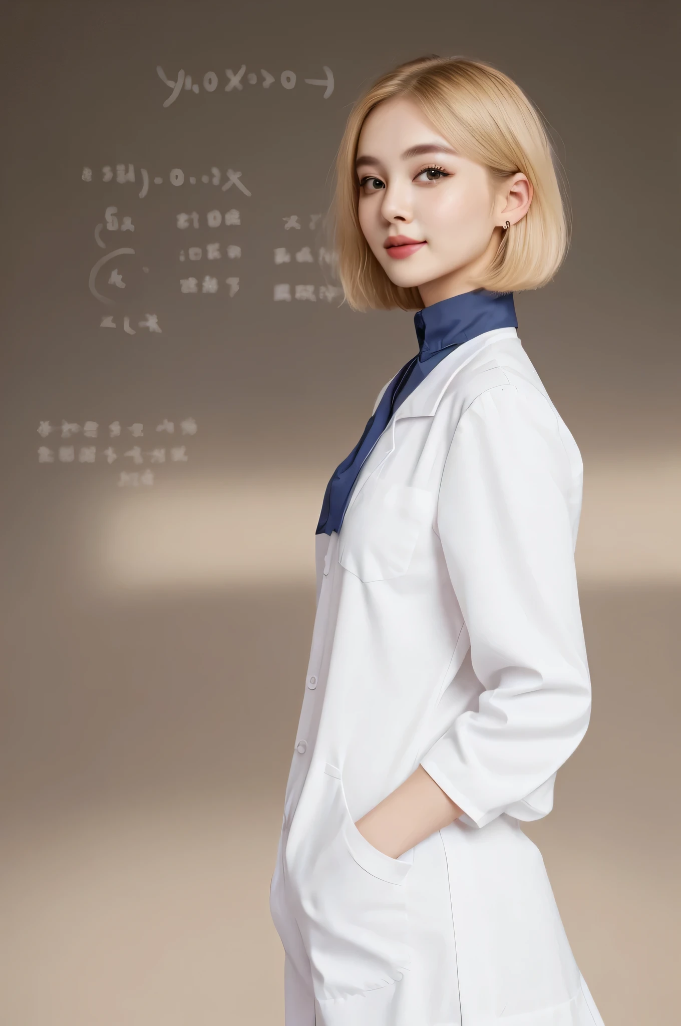 blonde、medium bob hair、white clothes, blouse, young woman、, elite scientist, scientist, Gospel illustrations, photograph、8K、highest quality、best details