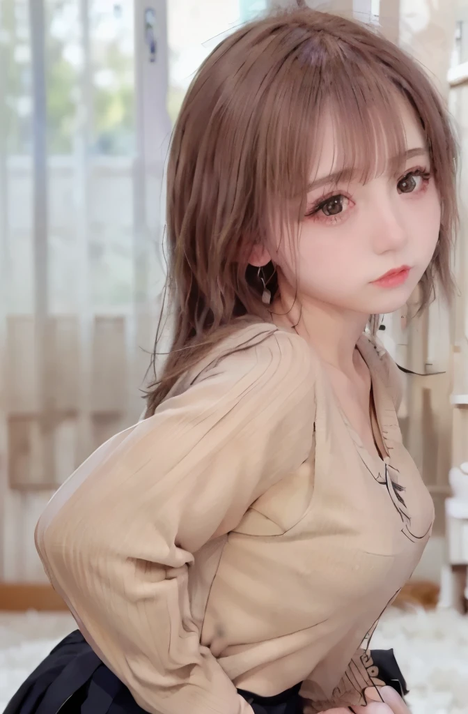 (((NFSW:1.3)),1 girl, single, alone, Beautiful woman、((I could see the whole body:1.3))、 ((middle wave hair, bangs, brown hair)), ((brown eyes, beautiful eyelashes, realistic eyes)), ((detailed face, blush:1.2)), ((smooth texture:0.75, realistic texture:0.65, realistic:1.1, Anime CG style)), perfect body,  (( white shirt)), ((black skirt:1.3)), 1 girl,(highest quality,4k,8K,High resolution,masterpiece:1.2),1 Beautiful woman,18-year-old,35mm lens,f/1,considerable breasts,soft sunlight,bright colors,playful expression