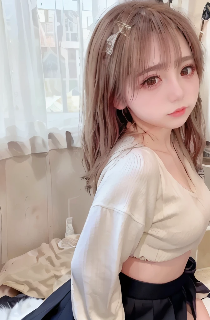 (((NFSW:1.3)),1 girl, single, alone, Beautiful woman、((I could see the whole body:1.3))、 ((middle wave hair, bangs, brown hair)), ((brown eyes, beautiful eyelashes, realistic eyes)), ((detailed face, blush:1.2)), ((smooth texture:0.75, realistic texture:0.65, realistic:1.1, Anime CG style)), perfect body, (( white shirt)), ((black skirt:1.3)), 1 girl,(highest quality,4k,8K,High resolution,masterpiece:1.2),1 Beautiful woman,18-year-old,35mm lens,f/1,considerable breasts,soft sunlight,bright colors,playful expression