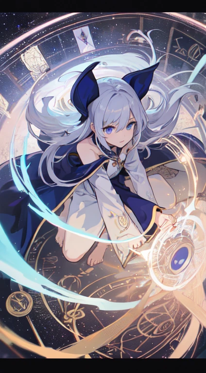 32 year old female ,Beige long hair, blue eyes, Thin, Big , laurels, wing, Western style light priest clothing, barefoot, magic circle, Make it like tarot anime style but without the frame, penetrating eyes , Time Goddess, time energy, Time Flux, blue energy, blue particles
