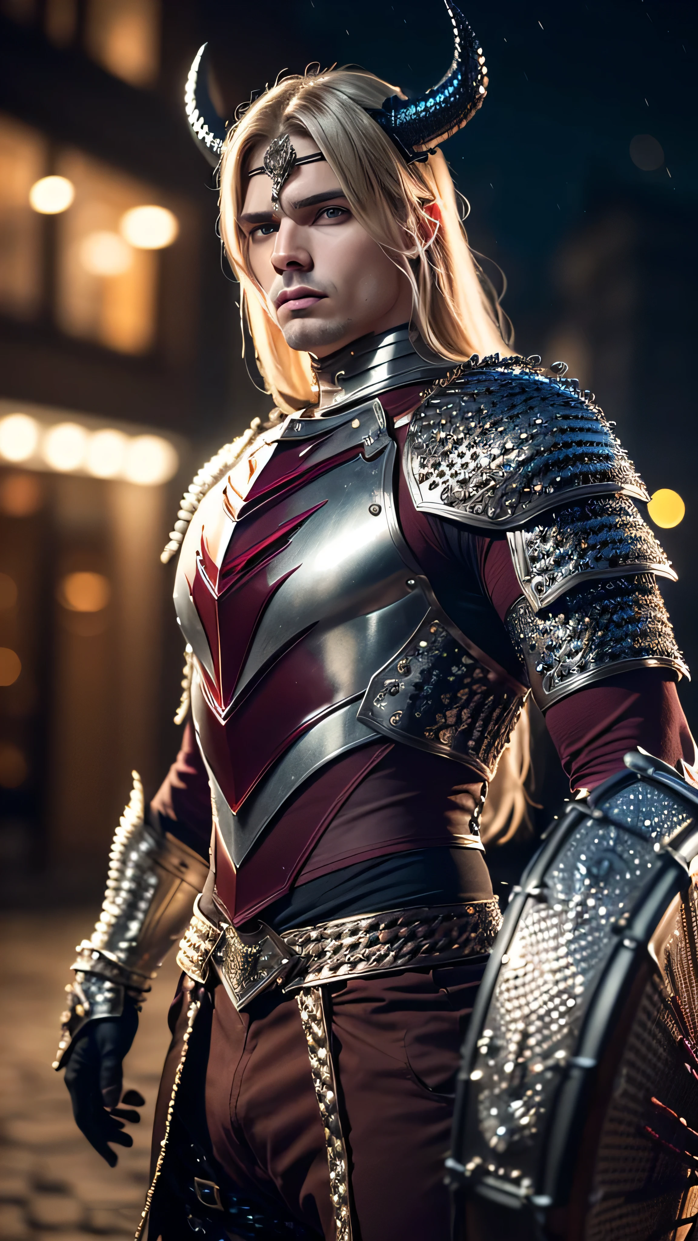 (masterpiece), (extremely intricate:1.3), (realistic), muscular masculine man ,(handsome, demon skin, Static hair, ((titanium horns, serious, drum, ((night, dark, black maroon scalemail breastplate, metal gauntlets))))), metal reflections, upper body, outdoors, professional photograph, detailed, sharp focus, dramatic, award winning, cinematic lighting, volumetrics dtx, (film grain, blurry background, blurry foreground, bokeh, depth of field, interaction), 8K