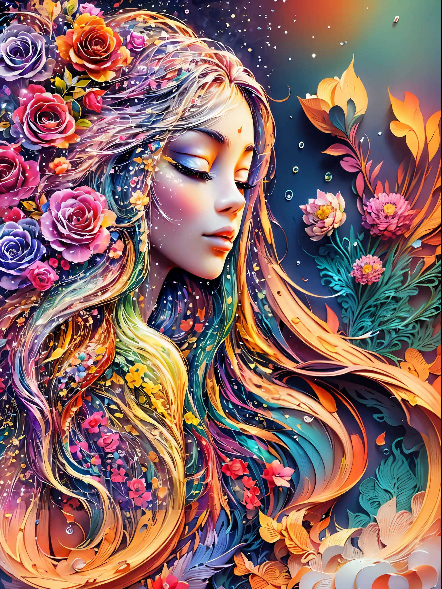 Portrait of a woman with long hair,Wear flowers on your head, Gorgeous digital art, beautiful Gorgeous digital art, Beautiful digital art, very Beautiful digital art, Beautiful art ultra hd 4k, Beautiful digital artwork, Chuanghui Digital Fantasy Art, Beautiful digital illustration, vibrant numbers, Stunning digital art, Beautiful color art!, Beautiful digital illustrations, Colorful numbers, Stunning digital illustrations