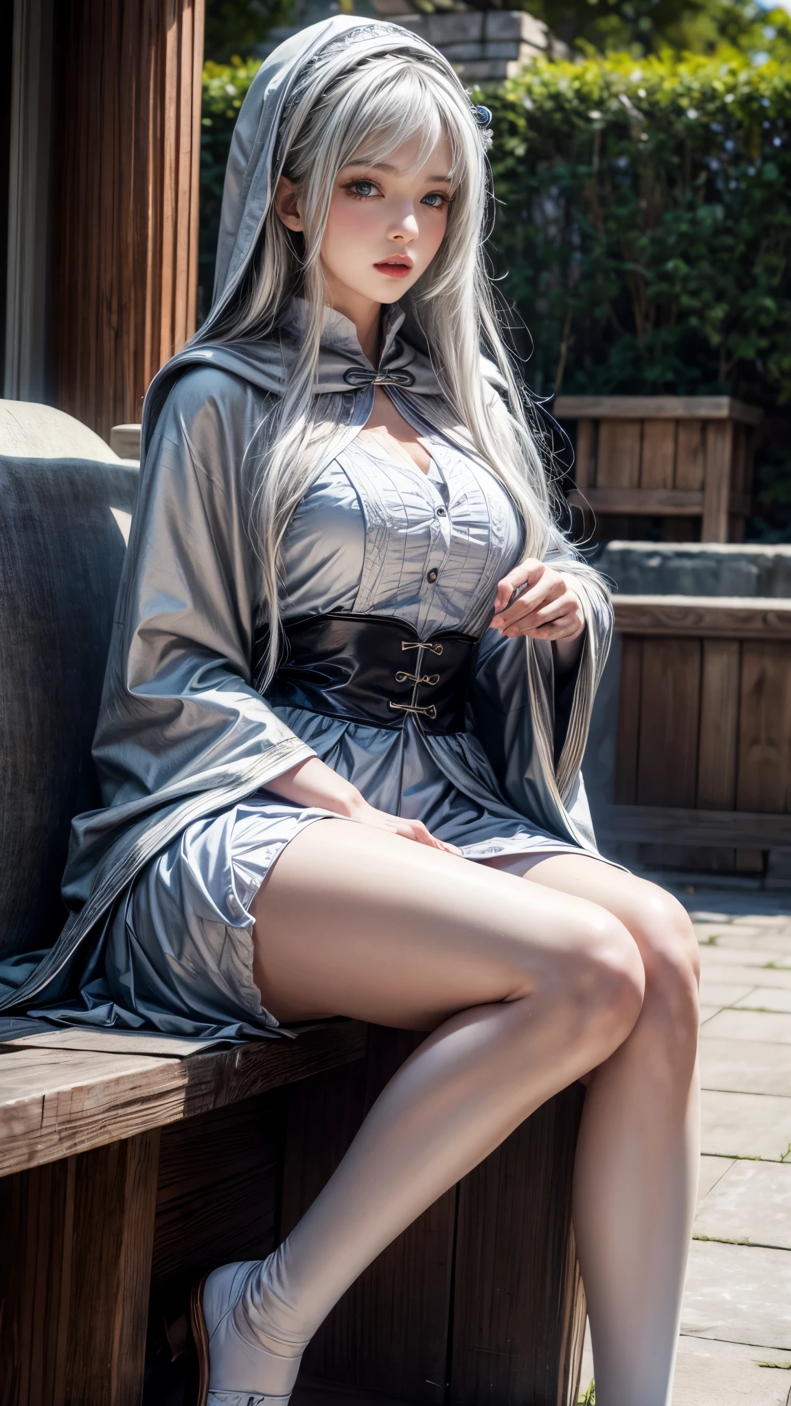 8k,Photorealistic, high resolution, 1 Women, Solo, Hips up,(ta costume), Beautiful eyes, White hair, ringed eyes, (Sit,Cloak,snowfield),((lifting her skirt,spread their legs)),