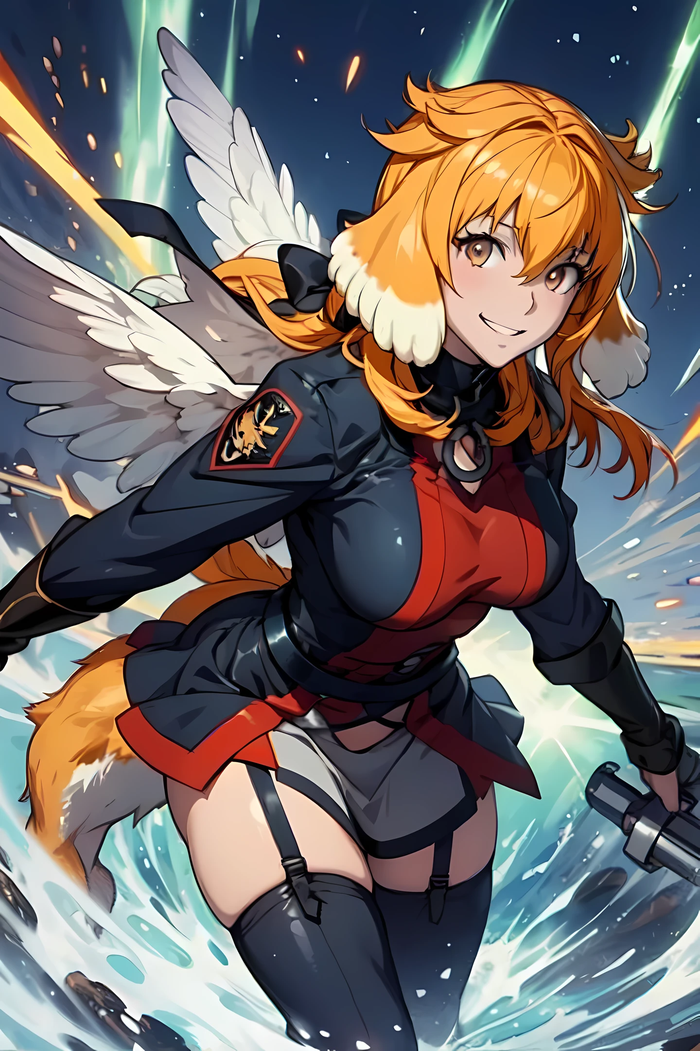 Anime, roxanne, dog ears, ((dog tail)), flying through the sky with black angel wings, golden leotard armor, In Battle, Chaos, shooting laser beams from hands, masterpiece ,pantyhose, boots,magicagirl body suit, large skirt, smile, long skirt,standing,smile forest,smile, gold eyes