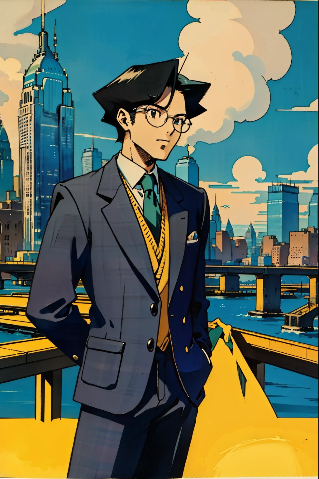 by Ken Sugimori, sugimori 1990s, ((only 1man)), male figure, tweed suit, glasses, ((hands behind their back)), full black pupils, manga, best quality, highly detailed, clean lines, cowboy shot, good hands, good eyes, hd, 8k, professional, symmetrical, hires, 8k,