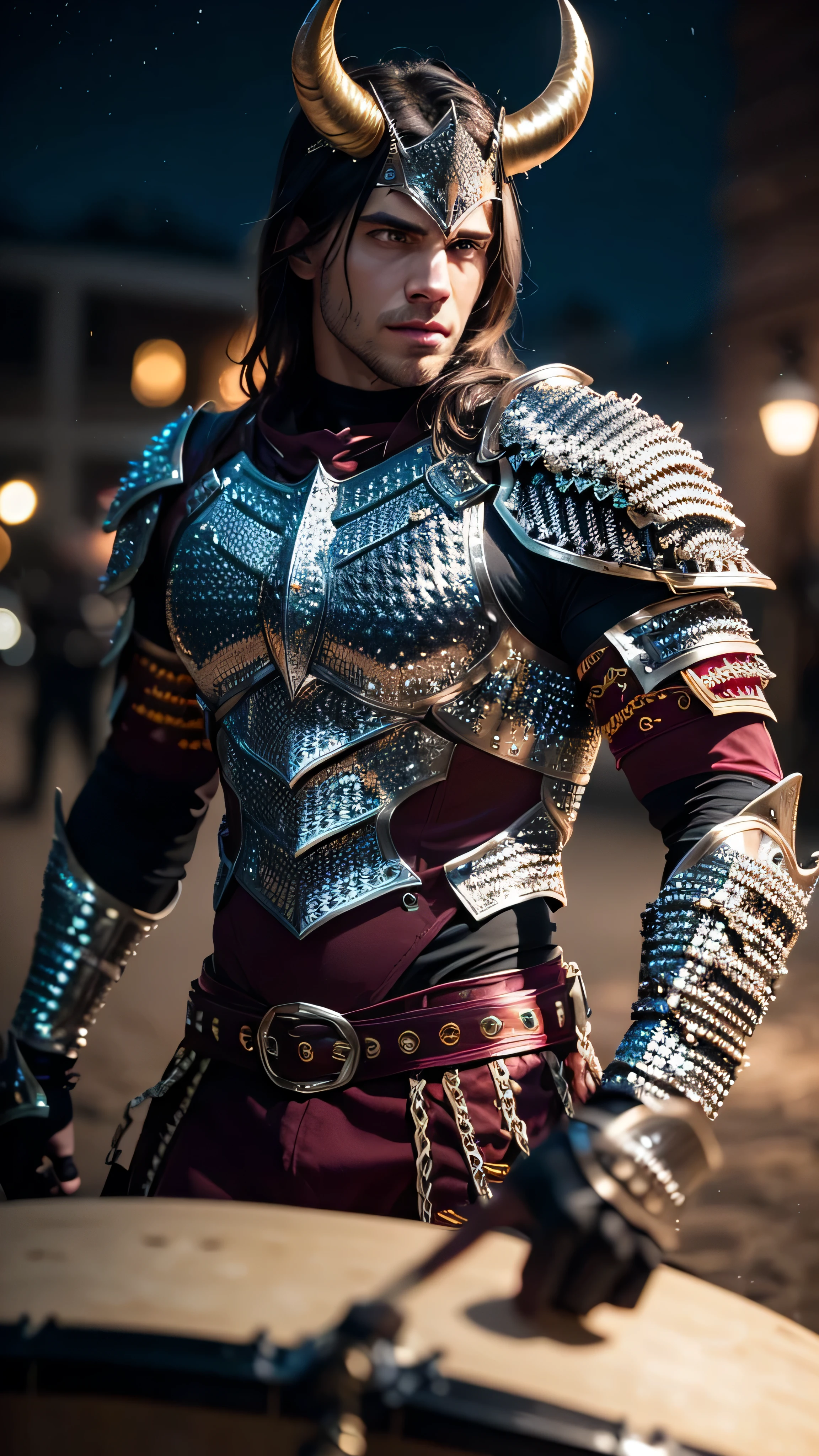 (masterpiece), (extremely intricate:1.3), (realistic), muscular masculine man ,(handsome, demon skin, Static hair, ((titanium horns, serious, drum, ((night, dark, black maroon scalemail breastplate, metal gauntlets))))), metal reflections, upper body, outdoors, professional photograph, detailed, sharp focus, dramatic, award winning, cinematic lighting, volumetrics dtx, (film grain, blurry background, blurry foreground, bokeh, depth of field, interaction), 8K
