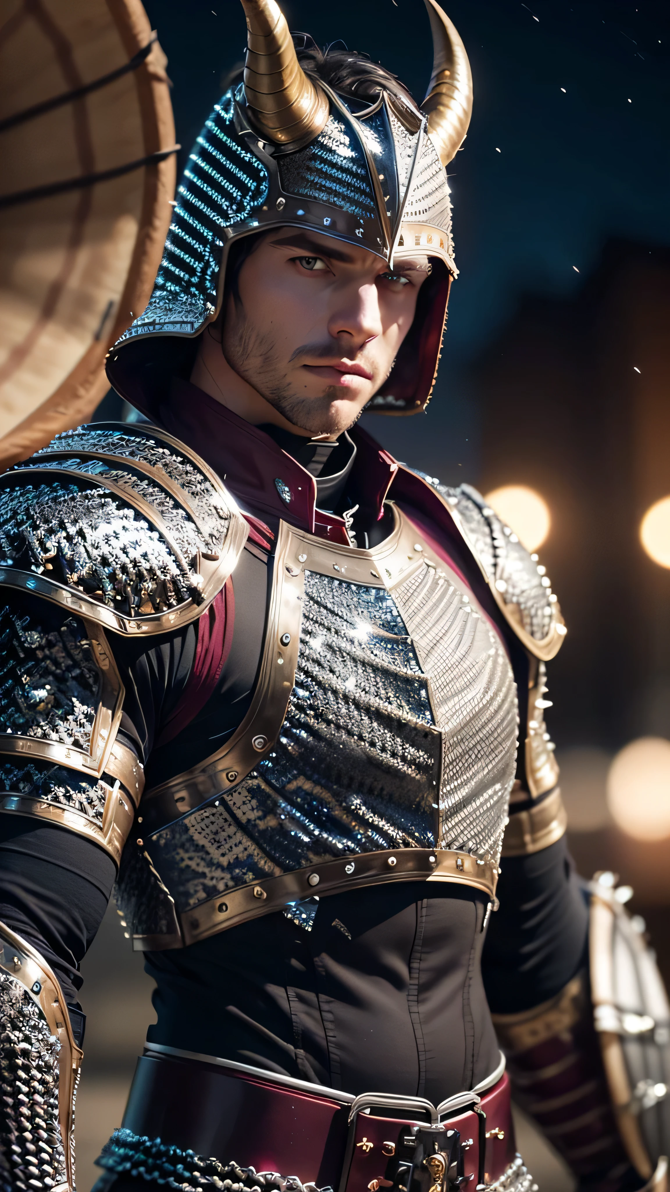 (masterpiece), (extremely intricate:1.3), (realistic), muscular masculine man ,(handsome, demon skin, Static hair, ((titanium horns, serious, drum, ((night, dark, black maroon scalemail breastplate, metal gauntlets))))), metal reflections, upper body, outdoors, professional photograph, detailed, sharp focus, dramatic, award winning, cinematic lighting, volumetrics dtx, (film grain, blurry background, blurry foreground, bokeh, depth of field, interaction), 8K