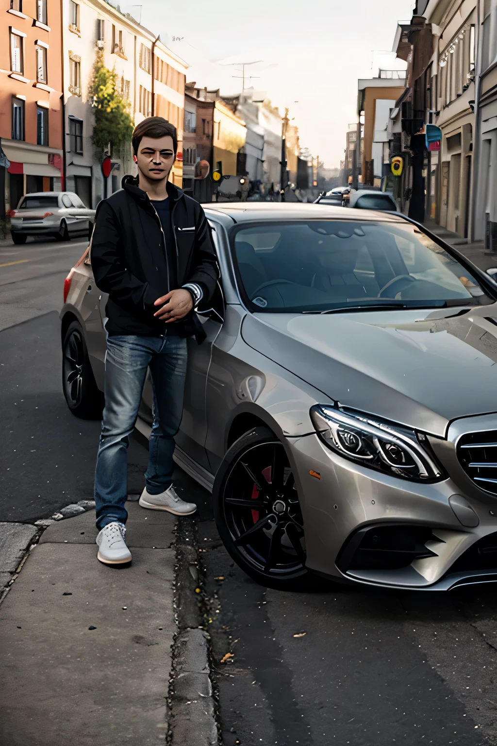 teen guy, full height, Ultra-realistic, Mercedes e200 car in the background, Russia, high quality, No text