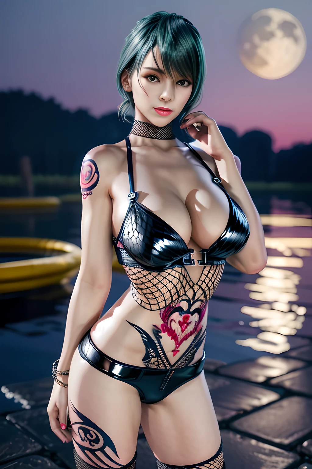 1 girl,standing posture, (too many fishnets:1.2), (mesh:1.2), nighttime,moon,( huge breasts:1.1),cleavage,shiny skin,lip gloss,( tattoos:1.2), masterpiece, best quality, realistic ,Surrealism,Rich artistic colors, 8K,3D,Portrait art,solo, tamaki