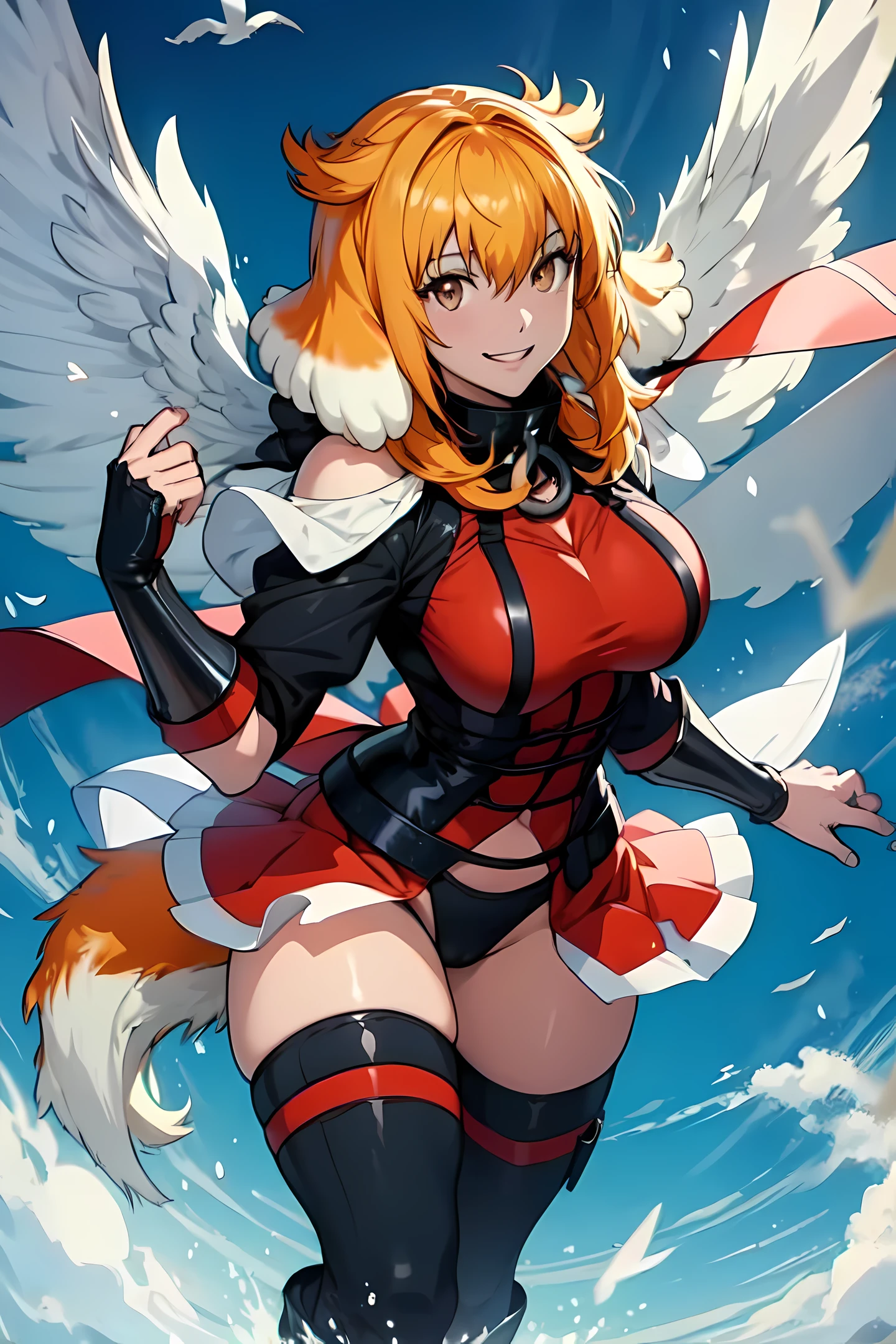 Anime, roxanne, dog ears, ((dog tail)), flying through the sky with black angel wings, golden leotard armor, In Battle, Chaos, shooting laser beams from hands, masterpiece ,pantyhose, boots,magicagirl body suit, large skirt, smile, long skirt,standing,smile forest,smile, gold eyes