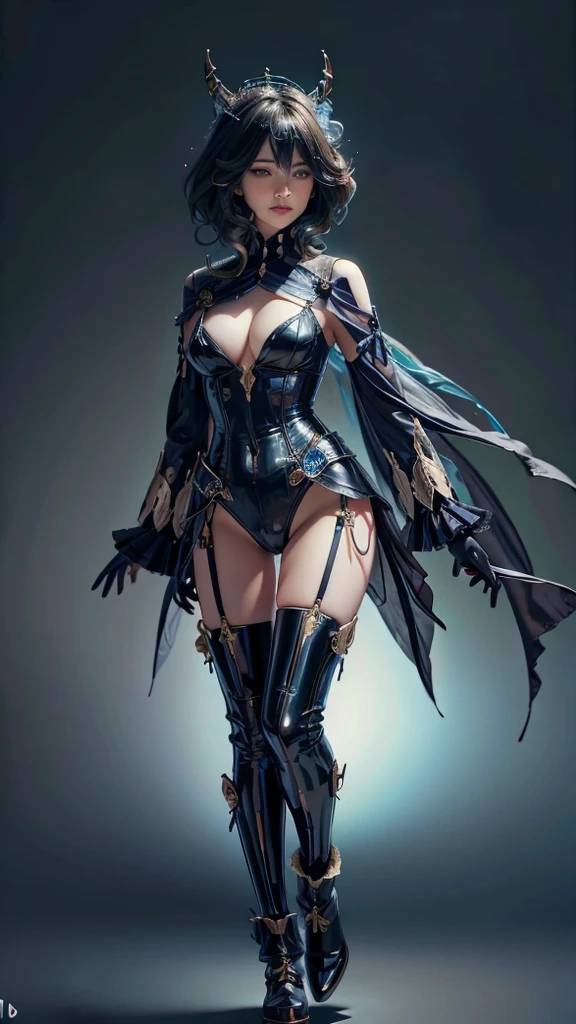 Goddess of Love, height: 165cm, weight: 40kg, length, Fluffy black hair and delicate features, Wearing flashy makeup. She is slender, . She has a beautiful figure. Her eyes are slightly narrowed, From front to toe. like a devil,full body bodysuit、 wearing thigh-high boots. dark. artistic and high resolution. Realistic