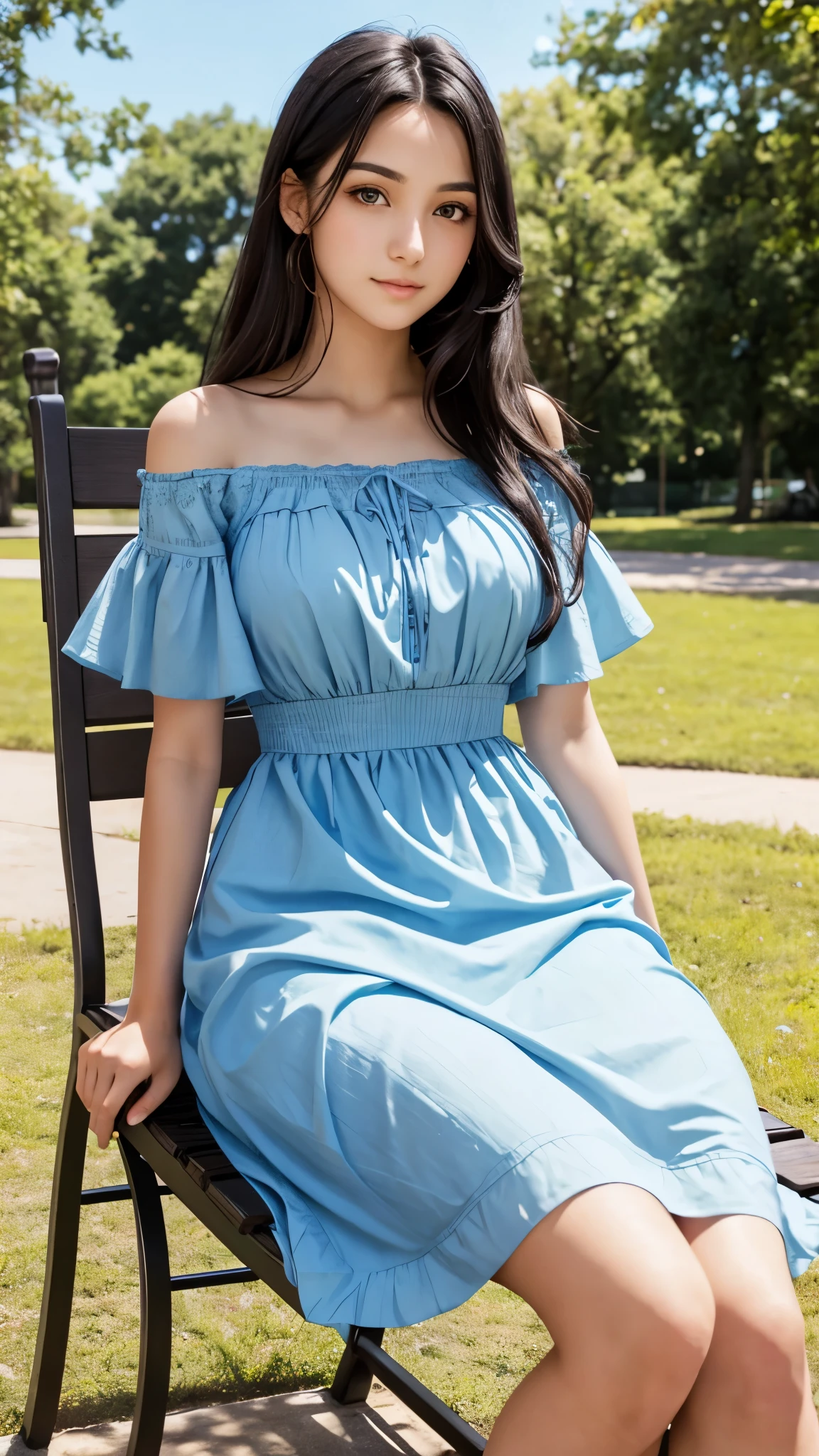 Beautiful black-haired girl with brown eyes and long hair in a light blue dress sitting on a seat in a park outdoors on a sunny, clear day, daring photo shoot 