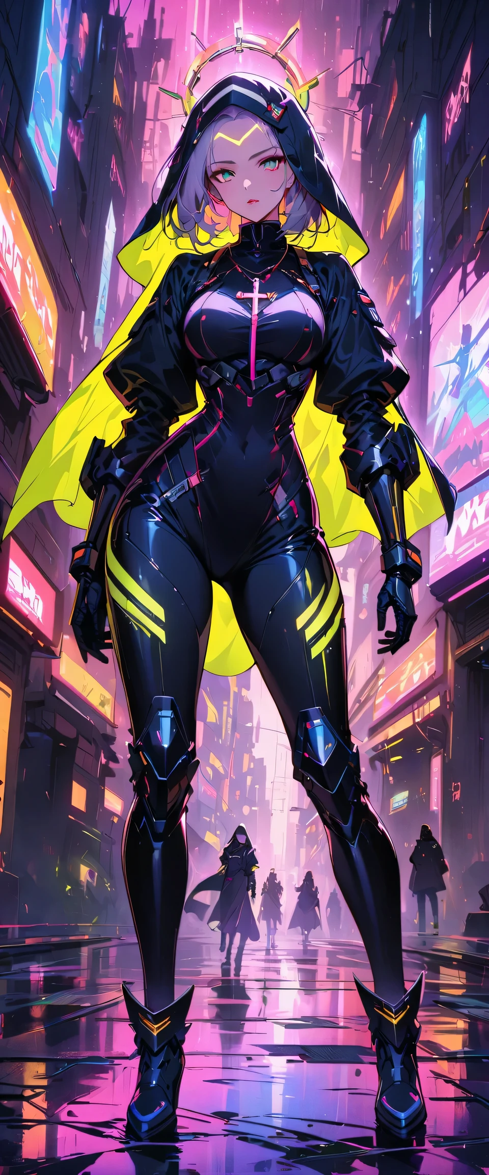 cyberpunk style，Fighting Nun，Glowing tattoo on forehead，beautiful eyes，beautiful lips，avant-garde，confidence，Wears a white turban，Gloves，Wearing a sacred cross necklace，With a glowing energy sword，Technology implantation，Cybernetic arm，Equipped with futuristic armor，metal high heels，Armor gleaming in the rain，Demonstrating its advanced technology and durability。Scenes shot in the highest quality，Make sure every detail comes to life。The color scheme is mainly dark and moody.，Emphasize the sense of danger and suspense。The lighting is dramatic，Combine sharp highlights and dark shadows，Immersive atmosphere。