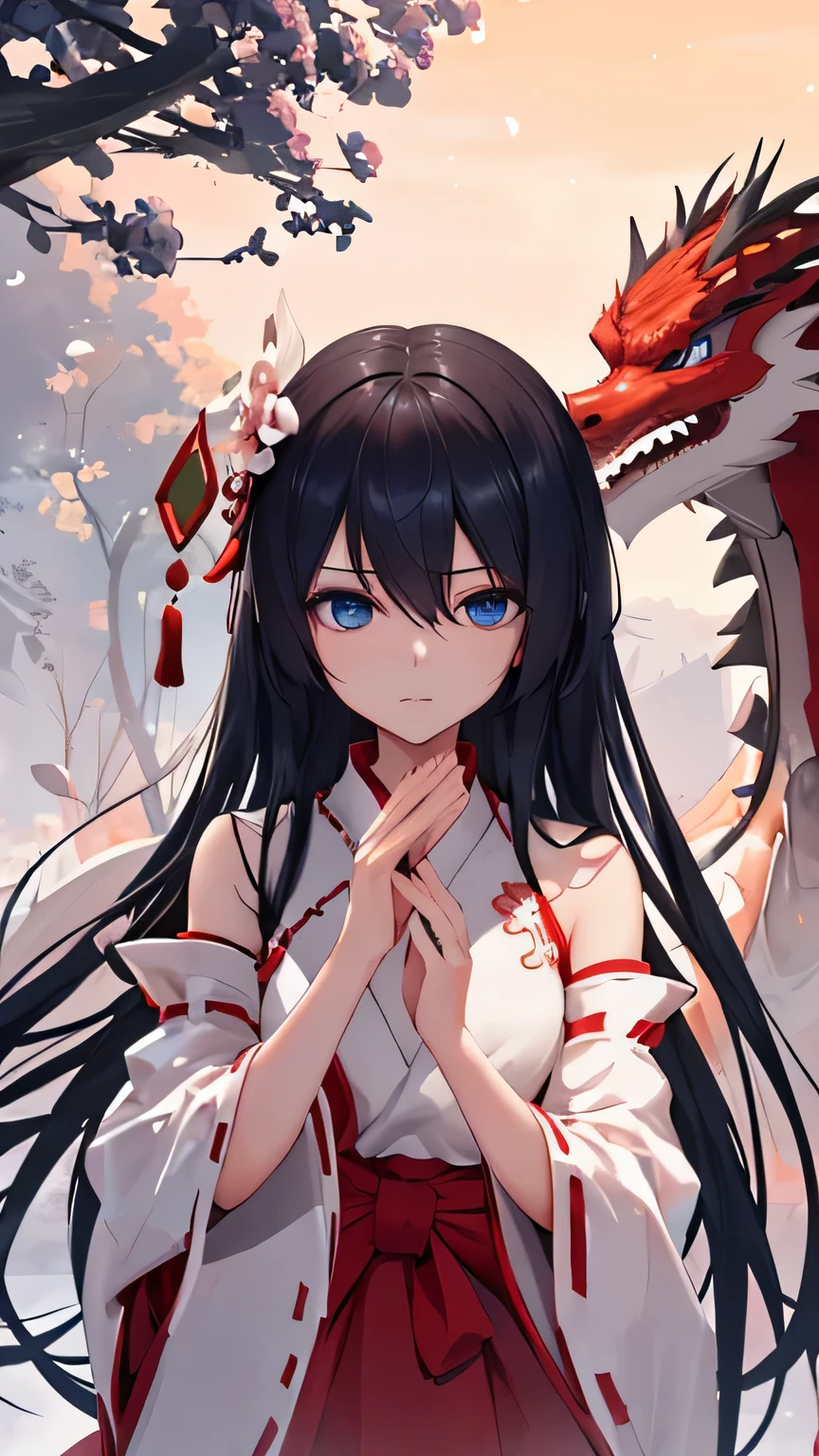 confused, 1 girl, blue eyes, long hair, opened my eyes, eyelash, looking at the viewer, chinese dragon, concept art, Upper body, Miko, particle, petal, face-to-face audience, raise your arms, cover, black hair,