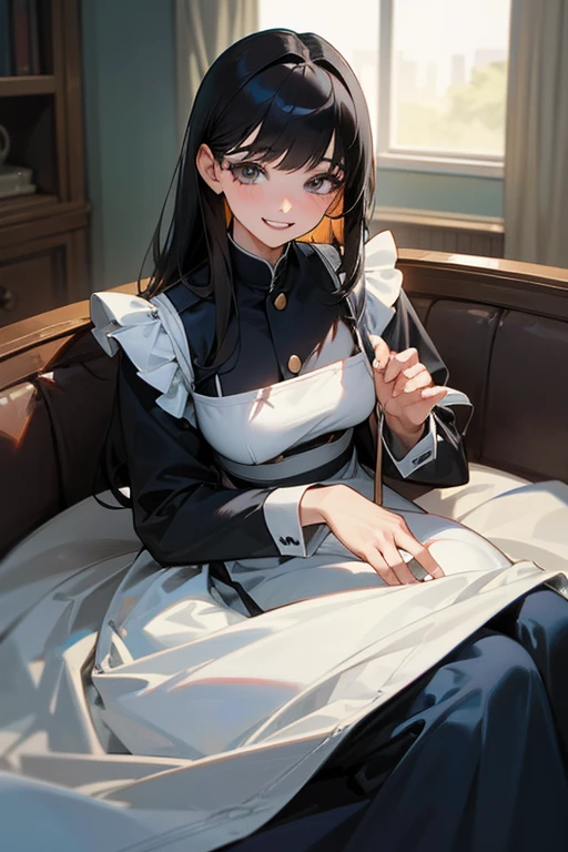 (Highest Resolution, clear_image) highest quality, Single person, One woman, alone, masterpiece, Very detailed, Semi-realistic, Black Hairのショートヘア, Black Hair, bangs, 18-year-old, mature, light blue uniform, uniform, Indoor Background, kind, Authoritative, Powerful, exquisite features, exquisite features、Eyelashes become longer、Showing teeth、smile😀、Maid clothes、woman'Fingers in the、Sleeping on the sofa、Long Hair、Fluttering in the wind、cleaning、Navy blue clothes、Long Hair、