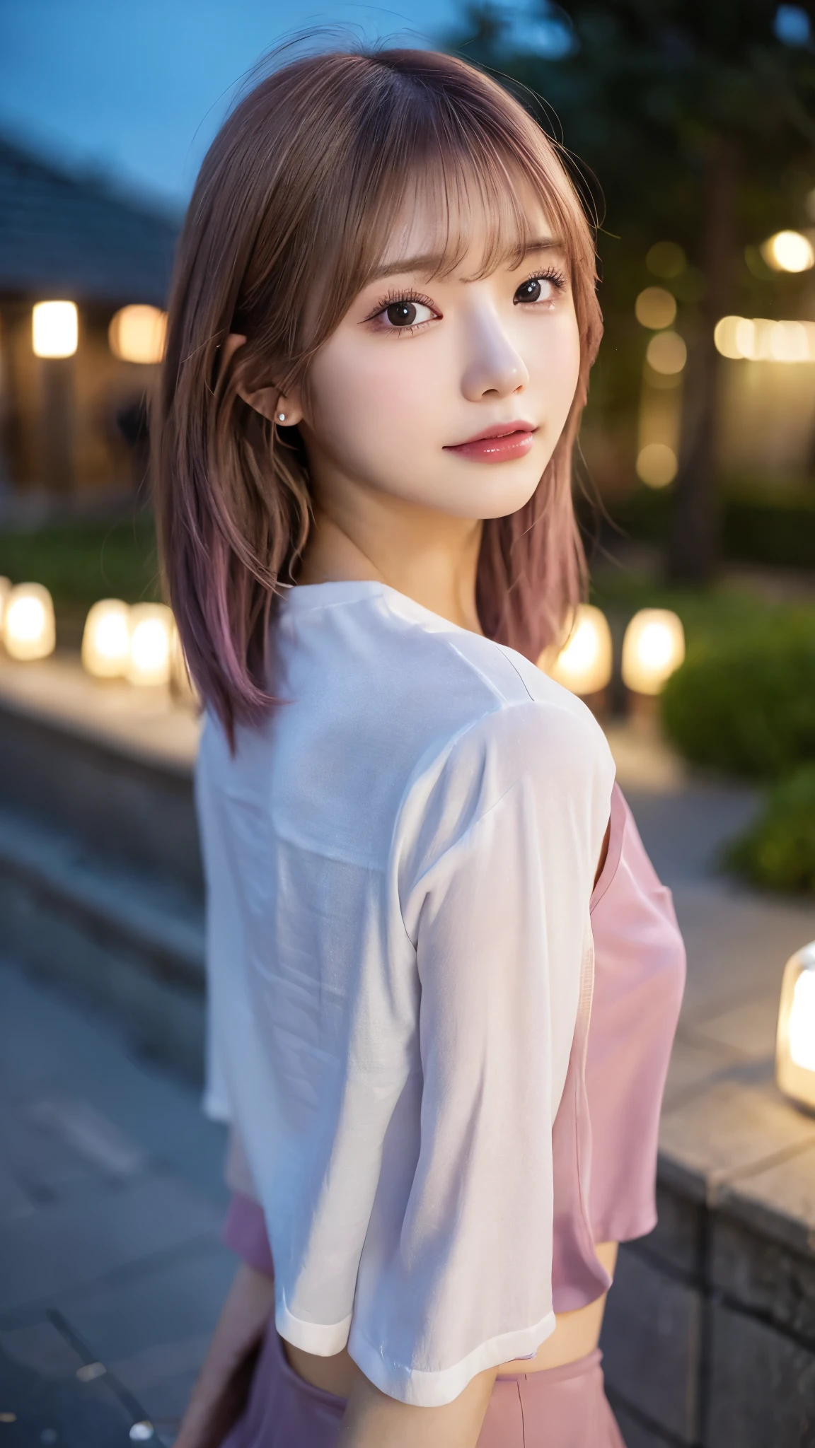 shiny skin、lightly dressed、exposed、thin white shirt、(highest quality,masterpiece:1.3,超A high resolution,),(super detailed,caustics),(Photoreal:1.4,RAW shooting,)ultra-realistic capture,very detailed,High definition 16K for human skin、 Natural skin texture、、Skin looks even-toned and healthy、 Use natural light and color,one woman,Japanese,,cute,pink haired,middle hair,(Depth of the bounds written、chromatic aberration、、wide range of lighting、natural shading、)、(Outdoor lights at dusk:1.4)、(outdoor lights at night:1.4)、(hair swaying in the wind:1)、short hair、Put on your ears、The setting sun is shining in、older sister