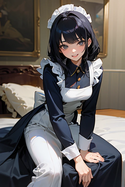 (highest resolution, clear_image) highest quality, Single person, one woman, alone, masterpiece, very detailed, semi-realistic, black hairのショートヘア, black hair, bangs, 18-year-old, mature, light blue uniform, uniform, indoor background, kind, authoritative, powerful, exquisite features, exquisite features、Eyelashes become longer、show teeth、smile😀、Maid clothes、touch hair