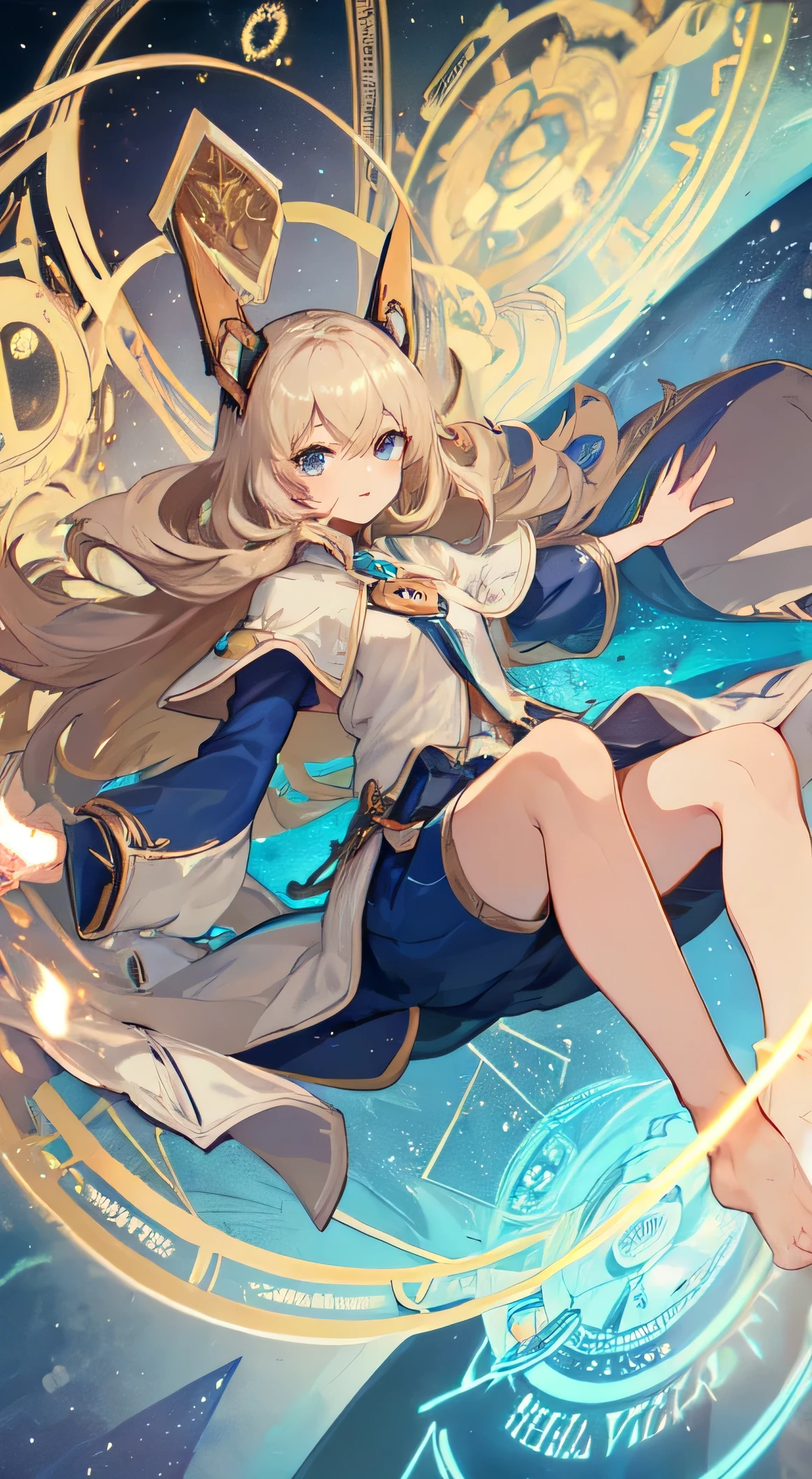 32 year old female ,Beige long hair, blue eyes, Thin, Big , headgear, Western style light priest clothing, barefoot, magic circle, Make it like tarot anime style but without the frame, penetrating eyes , Time Goddess, time energy, Time Flux, blue energy, blue particles