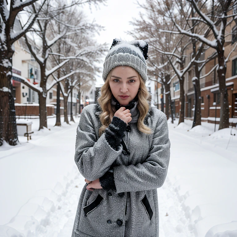 Madonna in super snowy weather with winter clothes