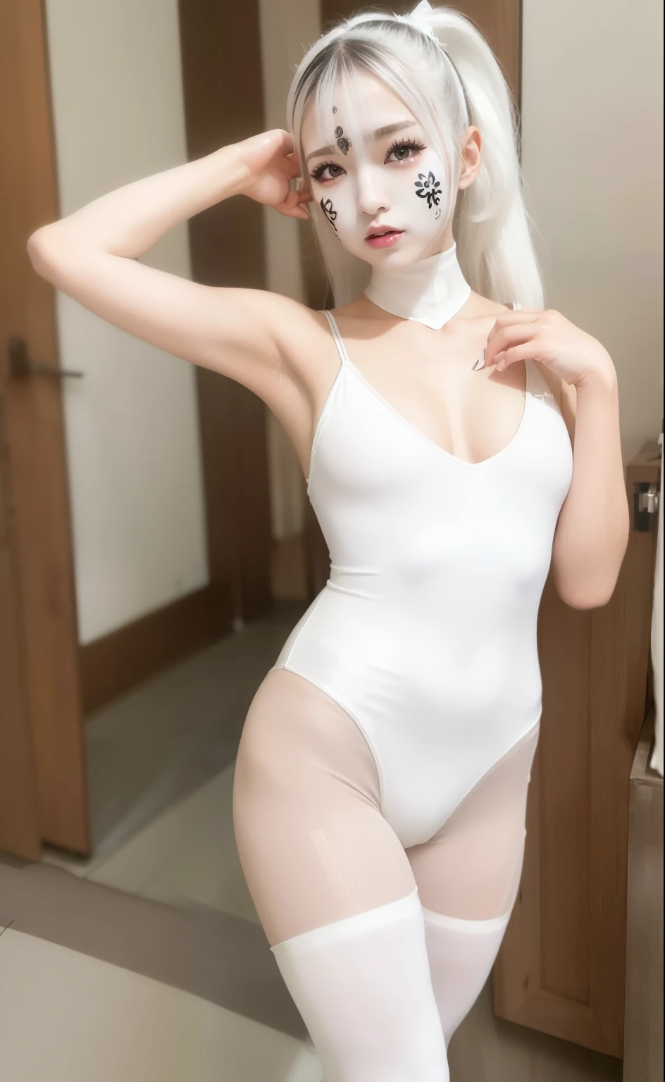 Japanese,(realisitic, Hi-Res: 1.4), 1 girl, (Natural light), (more face, more hair, More skin), (Middle chest), slender,mid-waist,(white leotard:1.2),(evil pattern:1.3),(metalic white eyeshadow:1.3),(pantyhose:1.3),(face paint:1.1),old factory,ponytail hair