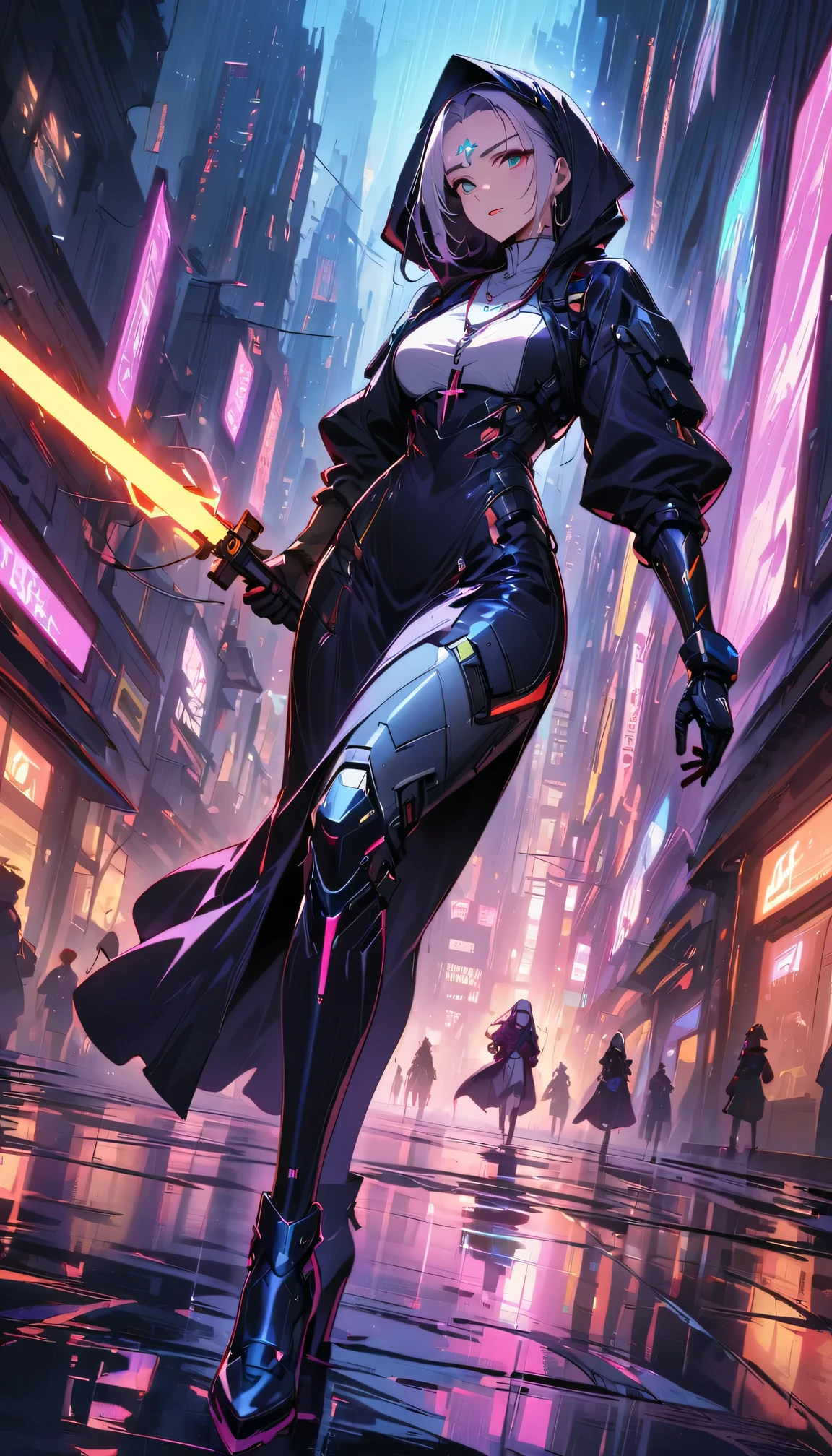 cyberpunk style,Fighting Nun,Glowing tattoo on forehead,beautiful eyes,beautiful lips,avant-garde,confidence,Wears a white turban,Gloves,Wearing a sacred cross necklace,With a glowing energy sword,Technology implantation,Cybernetic arm,Equipped with futuristic armor,metal high heels,Their armor gleamed in the rain,Demonstrating its advanced technology and durability。Scenes shot in the highest quality,Make sure every detail comes to life。The color scheme is mainly dark and moody.,Emphasize the sense of danger and suspense。The lighting is dramatic,Combine sharp highlights and dark shadows,Create dynamics、Immersive atmosphere。