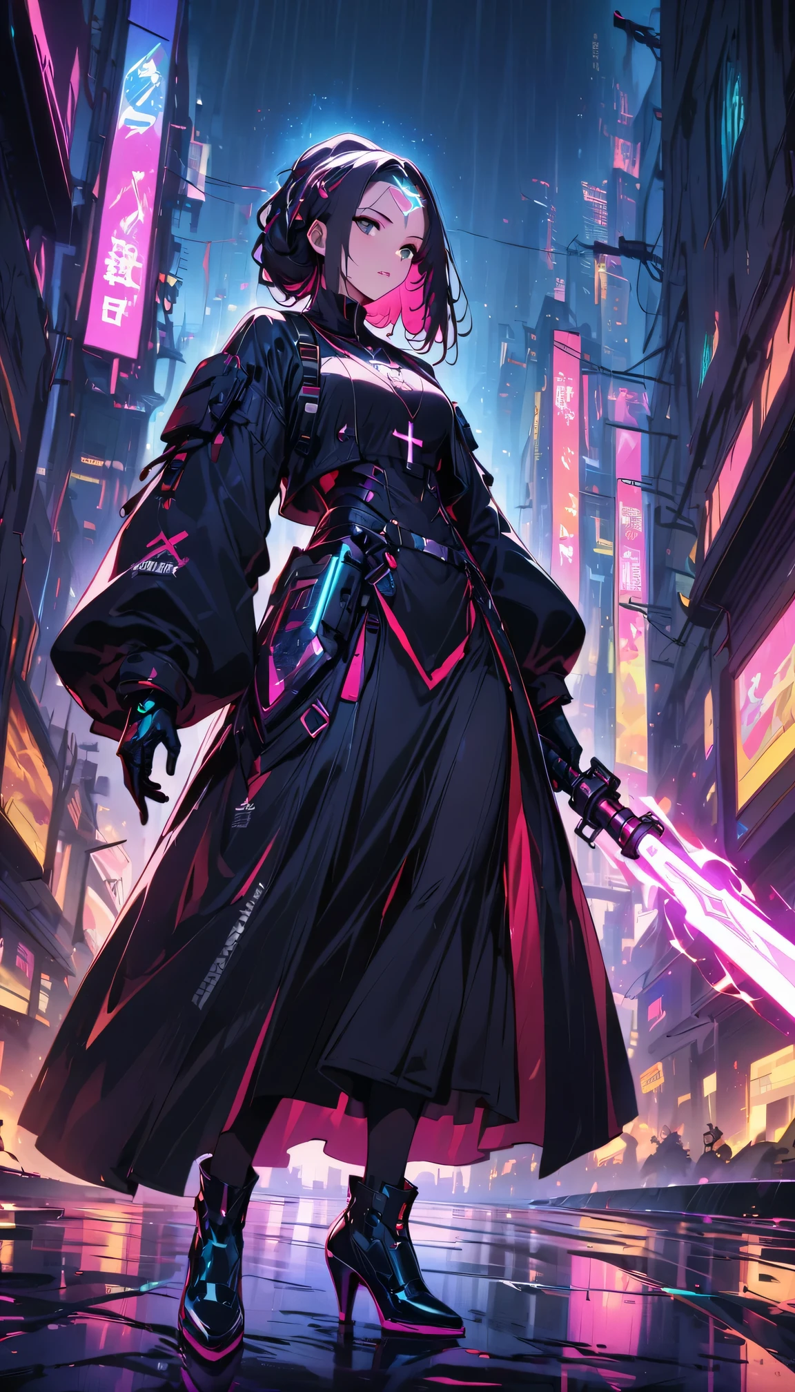 cyberpunk style，Fighting Nun，Glowing tattoo on forehead，beautiful eyes，beautiful lips，avant-garde，confidence，Wears a white turban，Gloves，Wearing a sacred cross necklace，With a glowing energy sword，Technology implantation，Cybernetic arm，Equipped with futuristic armor，metal high heels，Armor gleaming in the rain，Demonstrating its advanced technology and durability。Scenes shot in the highest quality，Make sure every detail comes to life。The color scheme is mainly dark and moody.，Emphasize the sense of danger and suspense。The lighting is dramatic，Combine sharp highlights and dark shadows，Immersive atmosphere。