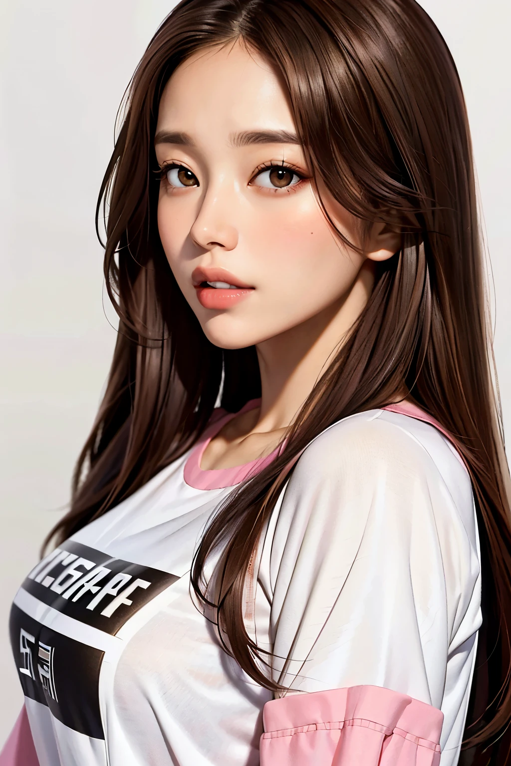 Girl, long brown hair, brown eyes, sharp features, white skin, pink lips, t-shirt sleeves