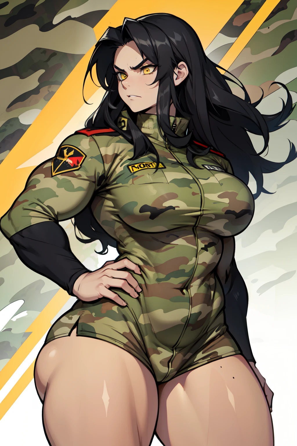 solo, 1 girl, (very long hair), black hair, angry, yellow eyes pale skin (wide hips thick thighs curvy muscular toned body bodybuilder huge tits) (camo uniform)