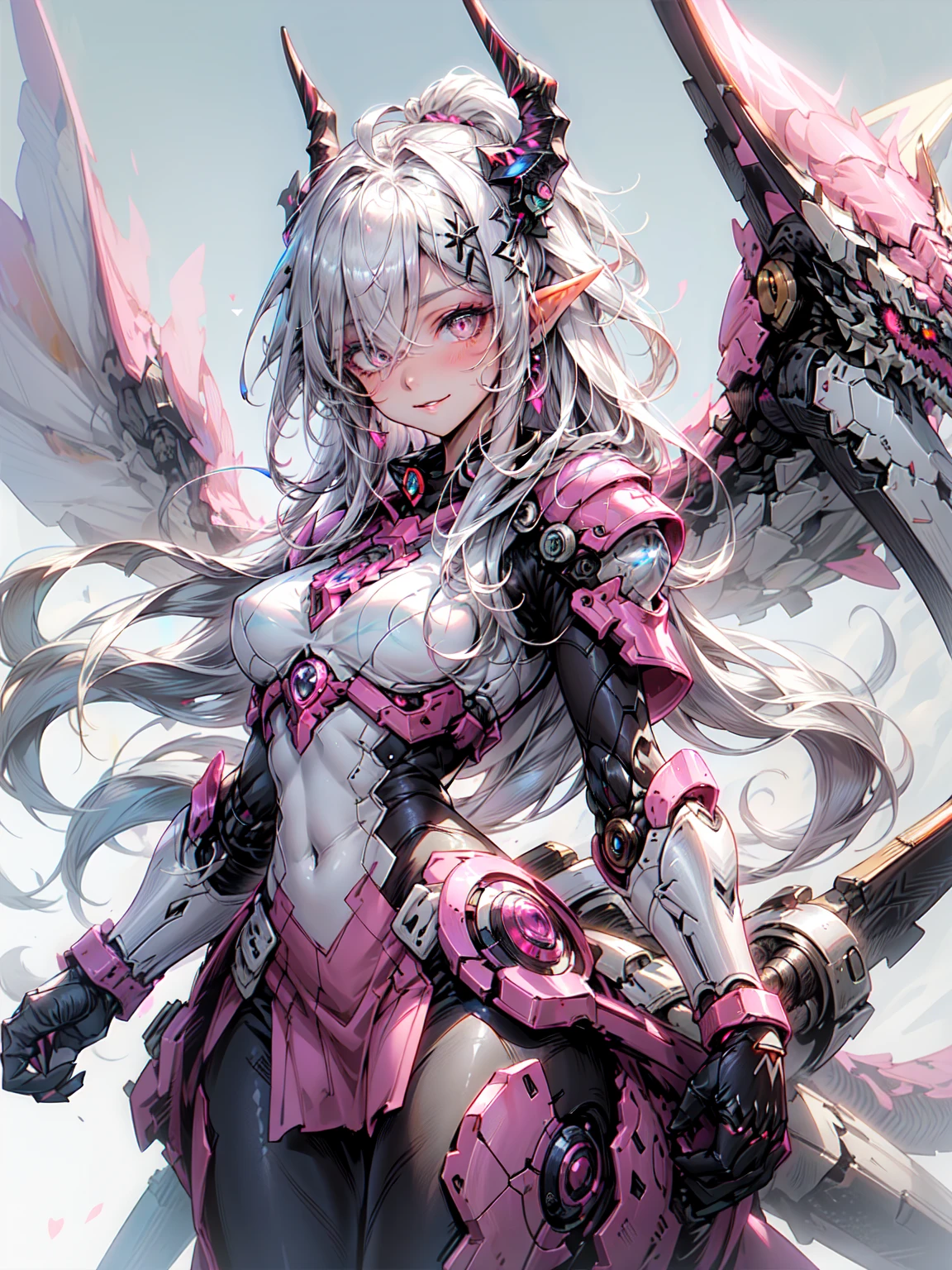 dragon ears, Mecha, mechanical, dragon wings, dragon tail, dragon horn,, ultra become familiar with, masterpiece, highest quality, beautiful, become familiar with,, strict, 1 girl, (White eyes:1.1), (gray eyes:1.3), gray hair, とてもlong hair, parted hair, parted bangs, medium breasts,, valkyrie, (body suit:1.1), Pink feather hair ornament, grey armored skirt, black body suit, armor, gauntlet, Pink breastplate, greaves, armored dress, shades of pink, Blake、（dark elf), (1 girl), alone, perfect face, get used to it, Ahoge, ((long hair:1.2)), (hair above one eye:1.3), [[messy hair]], Shiny blonde white hair, purple eyes, multicolored eyes, colorful hair, shining eyes, (eyelash, eye shadow, pink eye shadow), bright, smile, design art by Mikimoto Haruhiko, by Kawashi, By Yoshitaka Amano