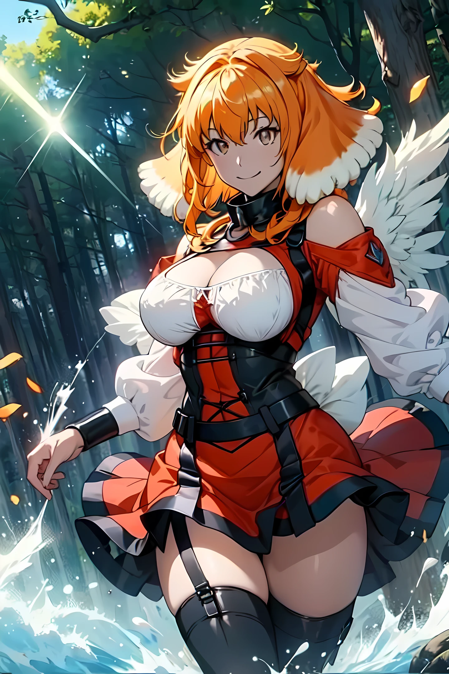 Anime, roxanne, dog ears, (dog tail), flying through the sky with black angel wings, golden leotard armor, In Battle, Chaos, shooting laser beams from hands, masterpiece ,pantyhose, boots,magicagirl body suit, large skirt, smile, long skirt,standing,smile forest,smile, gold eyes