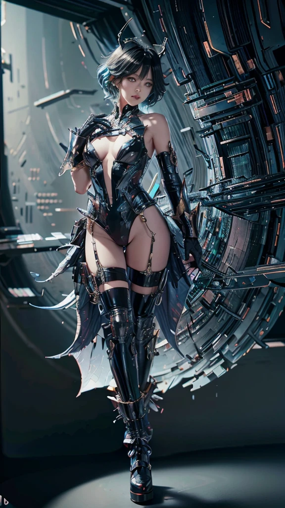 Goddess of Love, height: 165cm, weight: 40kg, length, Fluffy black hair and delicate features, Wearing flashy makeup. She is slender, . She has a beautiful figure. Her eyes are slightly narrowed, From front to toe.  like a devil,full body bodysuit、 cyber punk、wearing thigh-high boots. dark. artistic and high resolution. Realistic