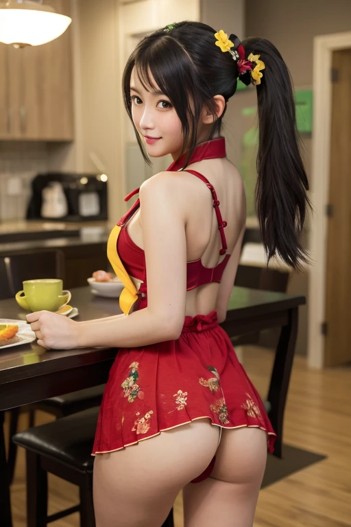 Guan Yinping, black hair, brown eyes, hair accessories, hair flower, whole body, pretty face,high school student,red green yellow,Slim figure,Small underwear,girl,short skirt,dining table,Cock your ass,buttocks,身體趴在dining table上,Chest,kitchen,Cooking,wear an apron,Dressed very sexy,tie a ponytail,butt raised,underwear