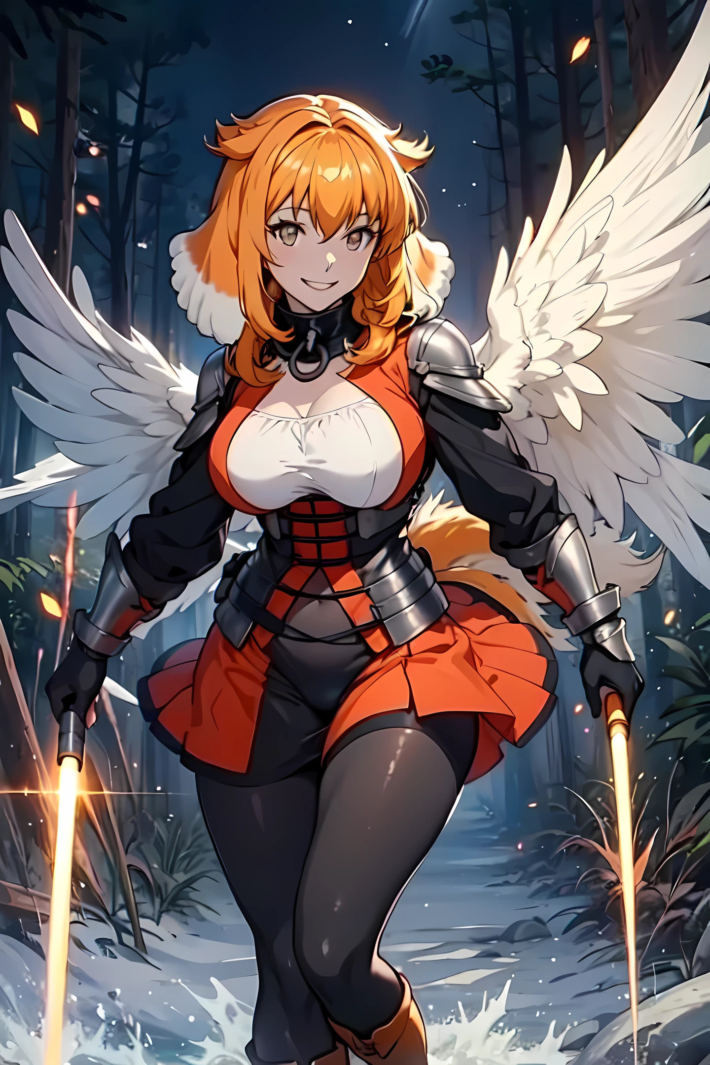 Anime, roxanne, dog ears, (dog tail), flying through the sky with black angel wings, golden leotard armor, In Battle, Chaos, shooting laser beams from hands, masterpiece ,pantyhose, boots,magicagirl body suit, large skirt, smile, long skirt,standing,smile forest,smile, gold eyes