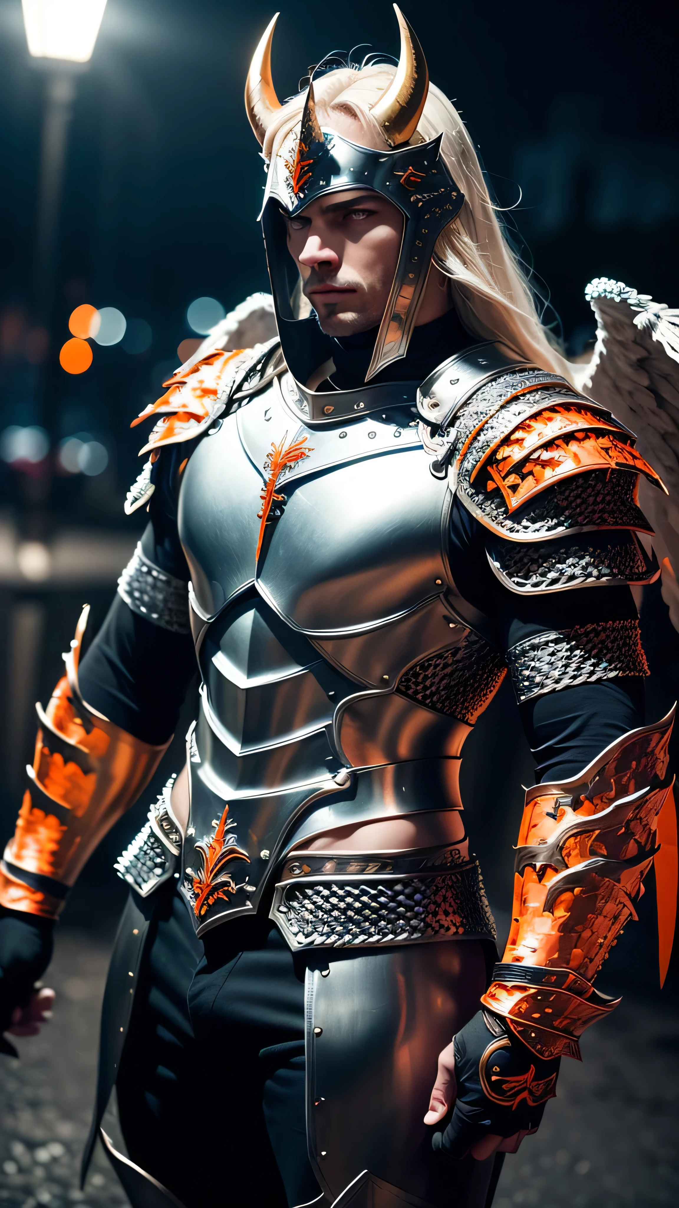 (masterpiece), (extremely intricate:1.3), (realistic), muscular masculine man ,(handsome, demon skin, Static hair, ((titanium horns, serious, drum, ((night, dark, black orange scalemail breastplate, metal gauntlets)), angel wings))), metal reflections, upper body, outdoors, professional photograph, detailed, sharp focus, dramatic, award winning, cinematic lighting, volumetrics dtx, (film grain, blurry background, blurry foreground, bokeh, depth of field, interaction), 8K