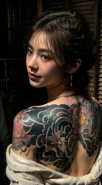 (best quality,height:1.2), (realistic:1.4),low angle shot, seen from behind, A Yakuza girl soaks in an onsen in a lost city.,Look at the viewer.,detailed face,Beautifully detailed blue-gray eyes.,Beautifully detailed lips,seductive smile,Eyebrows are well taken care of.,Long eyelashes, The face is perfectly beautiful with a soft face., Clear skin ,natural blush,slim body posture, bare shoulders,Intricately detailed and vibrant Irezumi tattoo on the back of the body.,Elegant and intricate jewelry,Delicate necklaces and earrings,traditional hair accessories,Short hair with bangs,shiny gem,Soft and flawless makeup,The light is soft and natural.,Delicate shadows on the face,Bright and vivid colours,realistic rendering, Photon mapping, The atmosphere was filled with mist and drama.