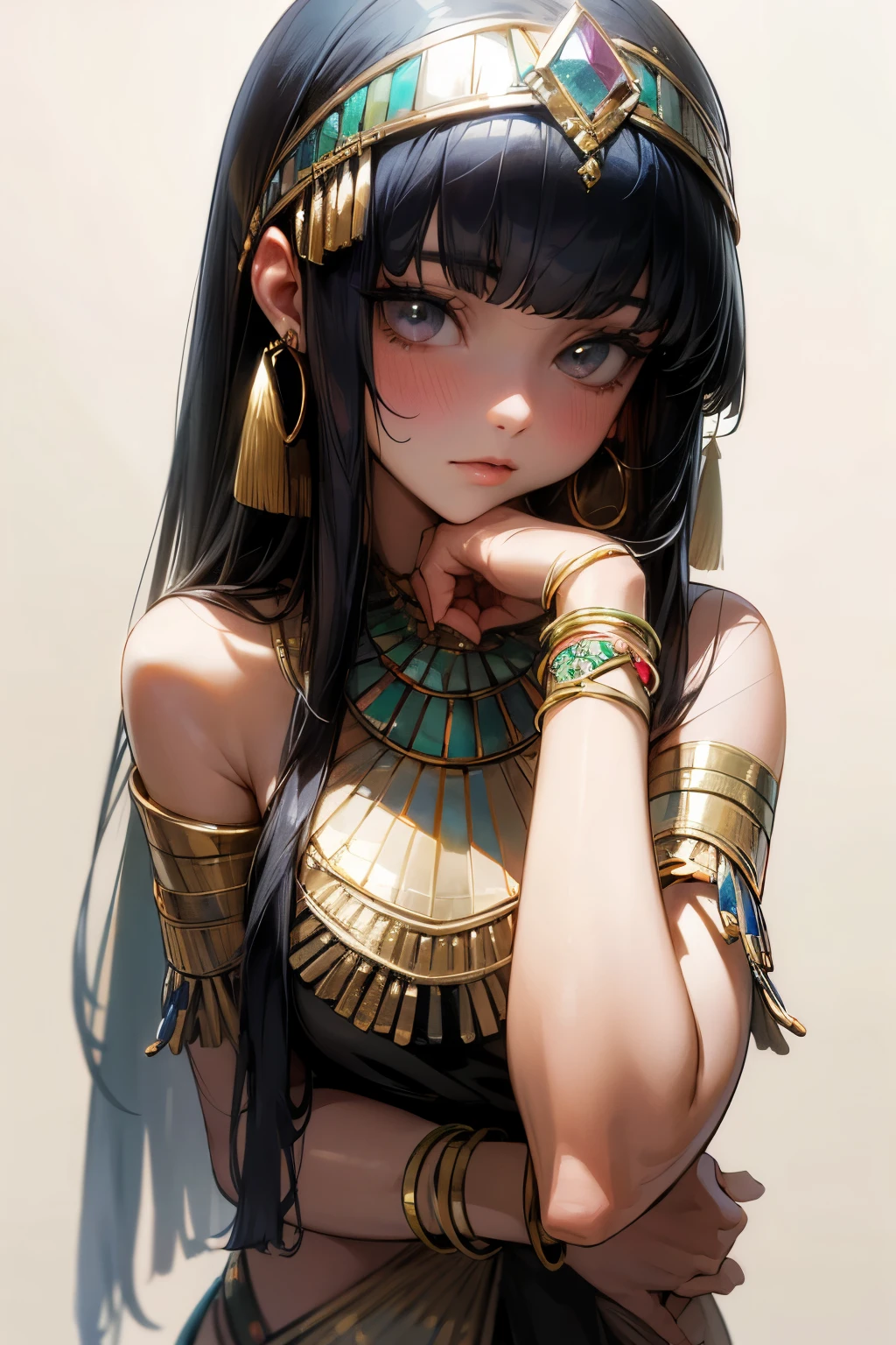 (Realistic:1.3), (Healthy skin), (Fine gemstone bracelets), (Asymmetric bangs:1.3), Very pretty Egyptian girl,