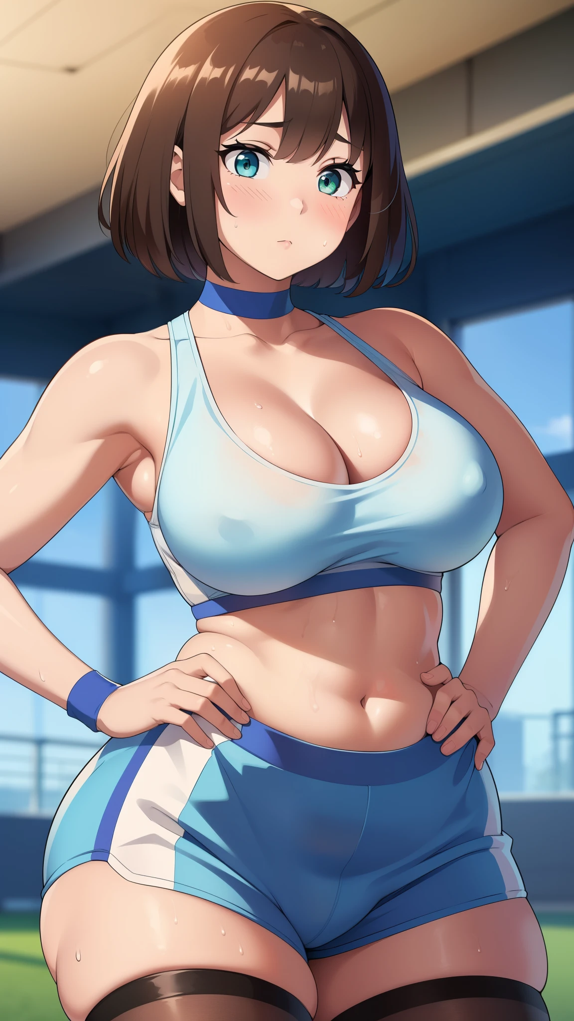 ((Masterpiece)), perfect anatomy, perfect shading, field of depth, (best quality), extremely delicate and beautiful, perfect lighting, detailed face, ultra cute face, cute, (cowboy shot 1.2), looking at viewer, (full body), (((1girl))), (((solo))), cheerleader

 short hair, fluffy hair, brown hair, green eyes, ((blush))), (cheerleader uniform), (blue and white tank top 1.2), (short section red skirt 1.2), thigh highs, chocker, extremely tight clothes, large breasts, cleavage, perky breasts, wide hips, thick thighs,

 School gym, intricate background, detailed background, sweaty, out of breath, hands on hip