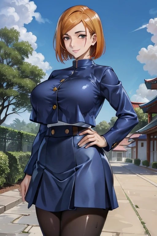 NobaraSU1,1girl, solo, short hair, orange hair, , brown eyes, looking at viewer, bangs, cowboy shot, skirt, long sleeves, high-waist skirt, smile, gigantic breasts, pantyhose, black pantyhose, wide hips, blue skirt,  turtleneck, sweatdrop, hair behind ear, blue jacket, blue clothes,  belt,shiny hair, buttons, crop top overhang,  hourglass figure, outdoors, blue sky, clouds, trees, bushes, pagoda, buildings, sunshine, looking back, standing, arms in hips,  closed mouth,  BREAK
masterpiece, best quality, highly detailed background, perfect lightingbest quality, ((shiny skin, glossy skin, detailed skin))