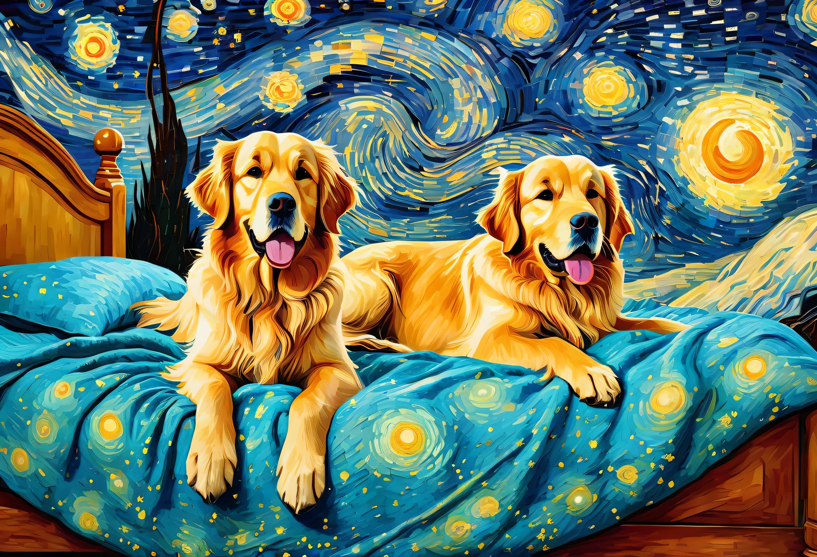 Starry sky painting of two golden retrievers relaxing in bed, Van Gogh Jigsaw Puzzle, reddit, Psychedelic Art, Van Gogh's Art Style, On a starry night, in style of van gogh, van gogh style, vincent van gogh style, Van Gogh's paintings, By Van Gogh, it&#39;s a deep dream, style of van gogh starry night, style of van gogh